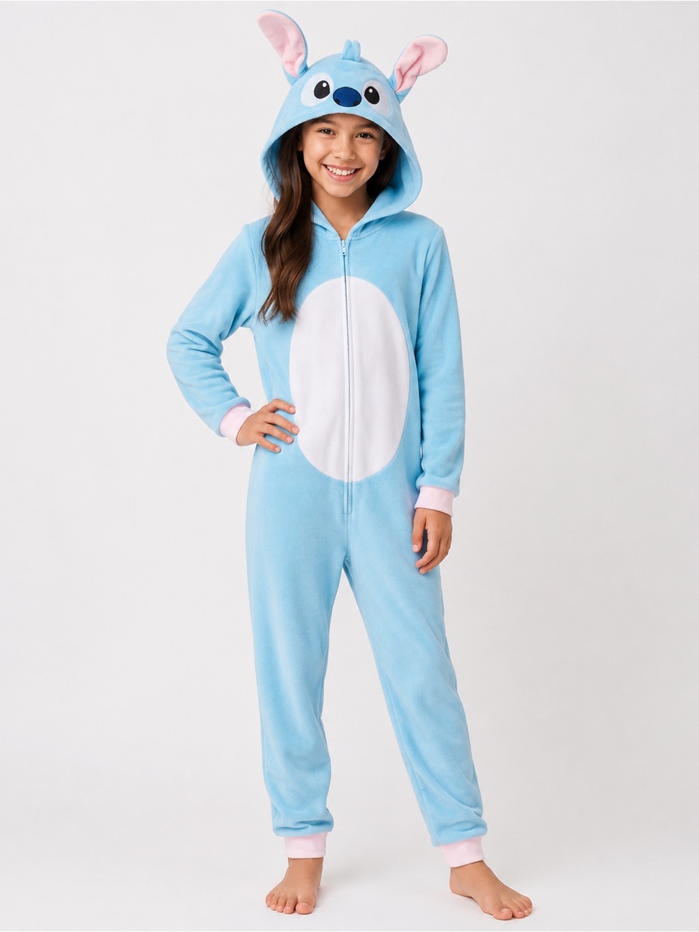 Disney Stitch Hooded One Piece Pajamas Kids 10/12 Blue Fleece Costume Sleeper